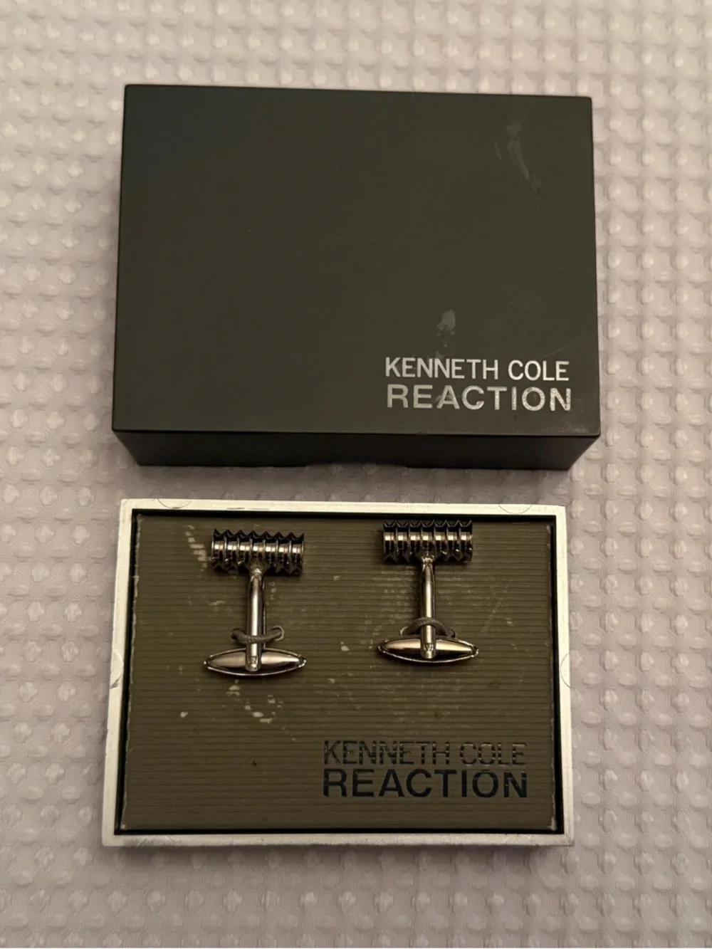 Kenneth Cole Reaction Silver Tone T-Bar Cufflinks with Grooved Detail